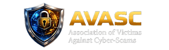 AVASC — Association of Victims Against Cyber-Scams: shield, globe, and padlock wordmark logo